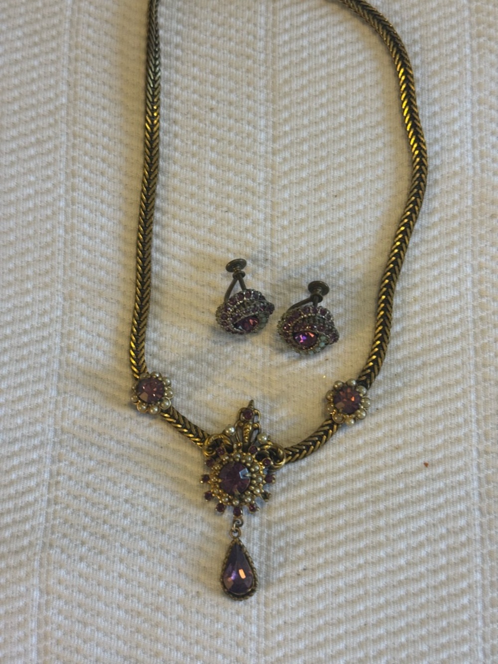 Gold-Tone Necklace and Earring Set with Purple Stones